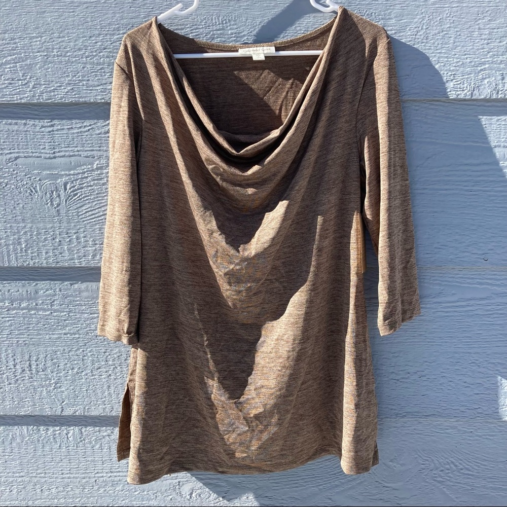 Coldwater Creek Women's Knit Heathered Travallure Top sz L tan/gold, 3/4 sleeves